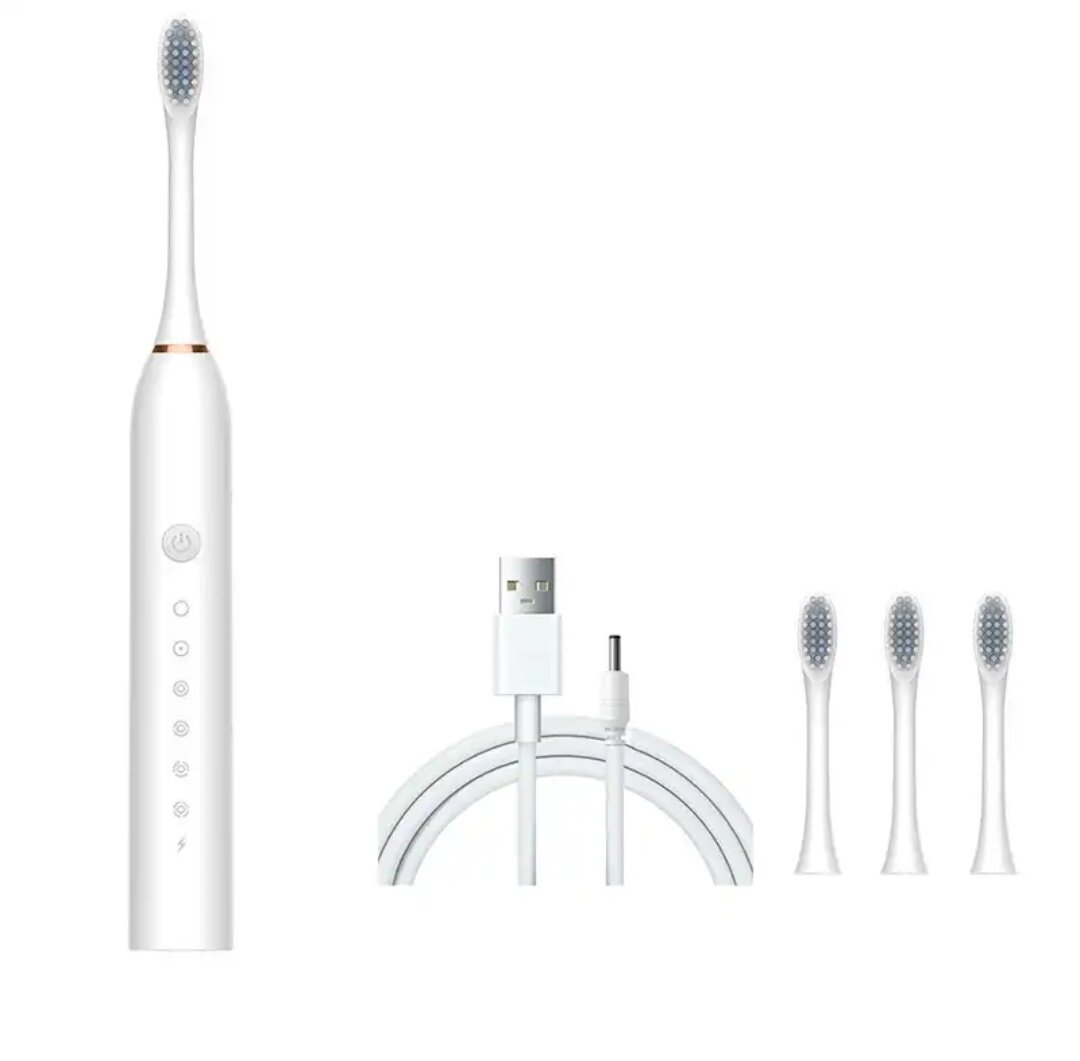 Ультразвуковая электрическая зубная щетка с 4 насадками и 6 уникальными режимами для взрослых и детей, цвет белый