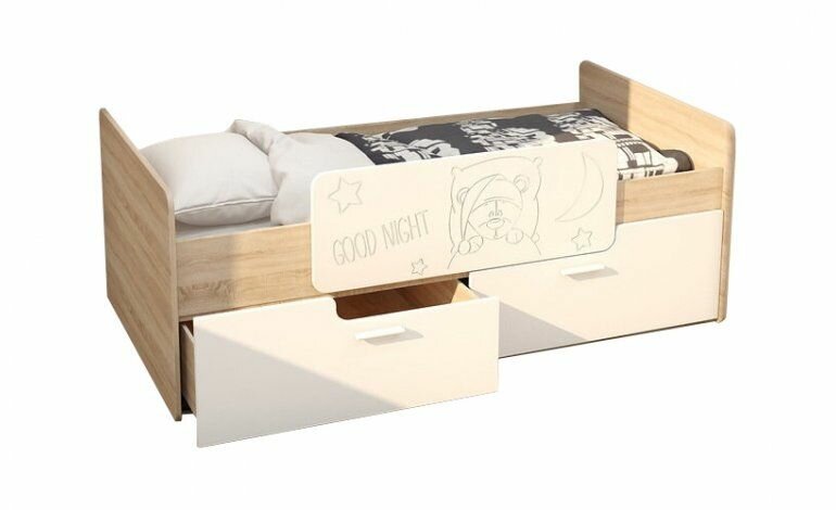 фото Кровать "Умка" 0,8*1,6 м с бортиком и ящиками - Дуб сонома / МДФ белый глянец