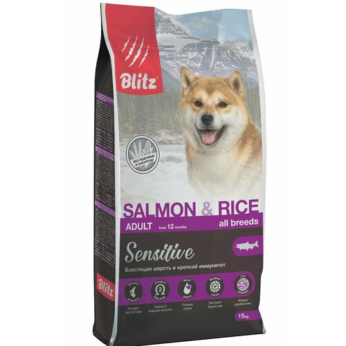 Сухой корм BLITZ ADULT SALMON & RICE для взрослых собак всех пород лосось С рисом/ 15кг