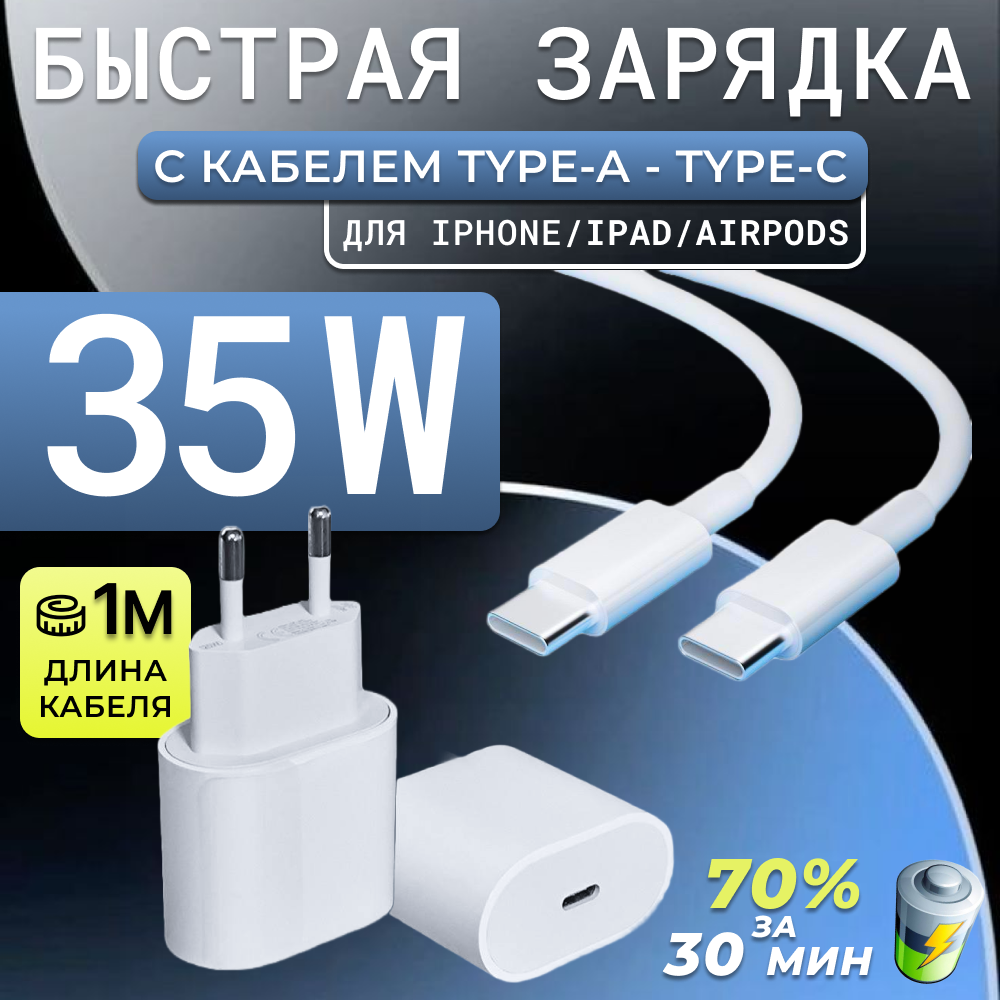 Зарядное устройство для iPhone 15, iPhone 15 Plus, iPhone 15 Pro, iPhone 15 Pro Max / Адаптер питания 35W + кабель USB Type-C - USB Type-C в комплекте