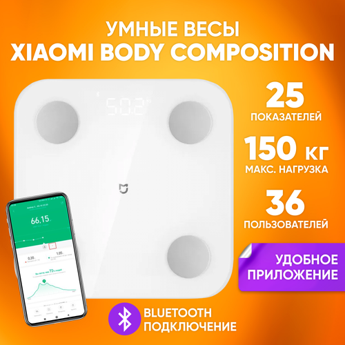 Весы напольные Xiaomi Body Composition Scale S400, белые / Умные весы bluetooth, интерактивный дисплей / Нагрузка 150 кг, 25 показателей тела 2022 original xiaomi mi smart body fat composition scale 2 bluetooth balance test 13 body date bmi health weight scale led