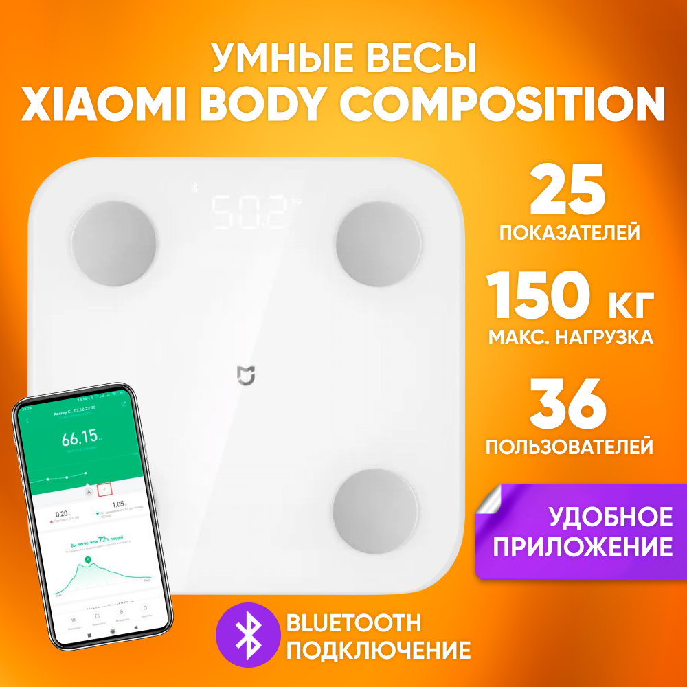 Весы напольные Xiaomi Body Composition Scale S400, белые / Умные весы bluetooth, интерактивный дисплей / Нагрузка 150 кг, 25 показателей тела