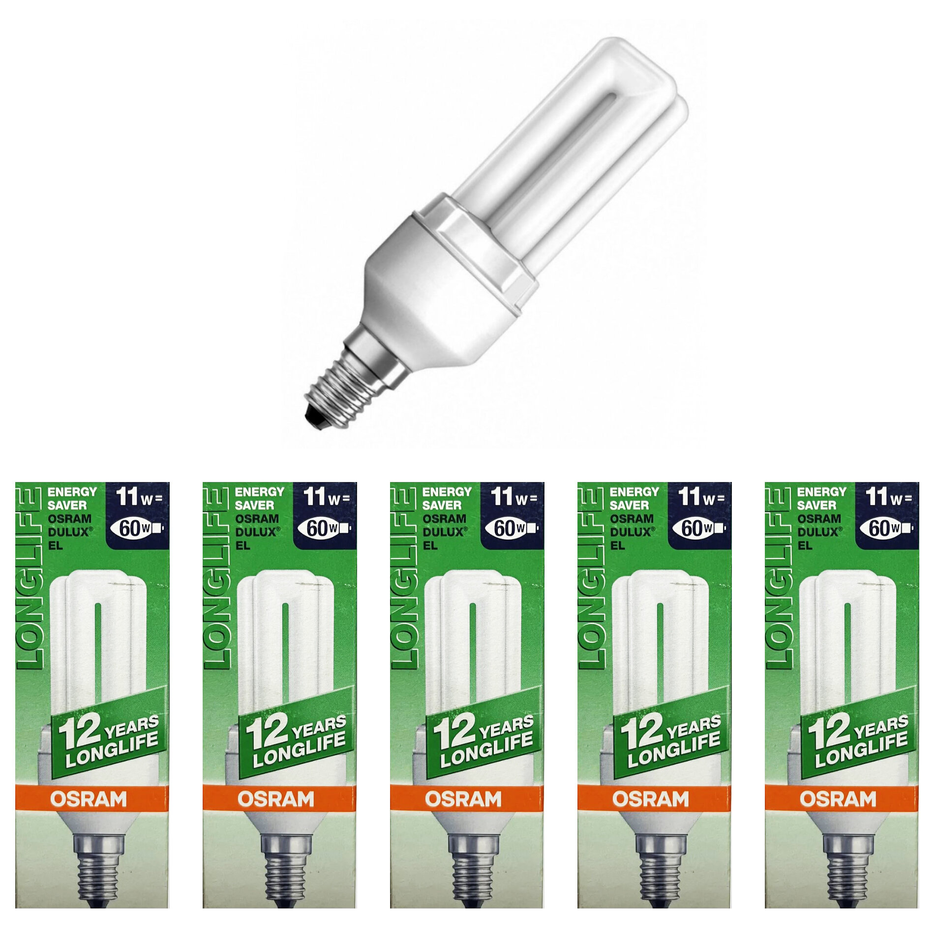 5шт/уп. Лампа Люминесцентная Dulux 11Вт 220-240V E14 CFL U 640Лм 2500К D-45mm L-129mm Энергосберегающая Свет Теплый белый OSRAM уп. 5шт