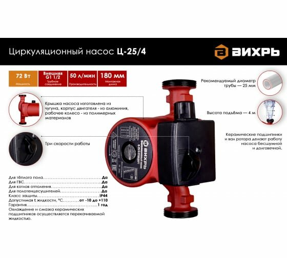 Насос циркуляционный Вихрь Ц-25/4 Стандарт с гайками 68/7/6