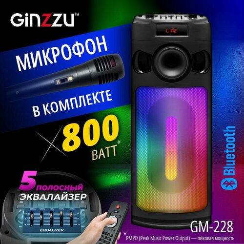 Портативная беспроводная блютуз колонка Акустическая система MIDI GM-228 с функцией Bluetooth v50 Гарантия 2 года max 800Вт USB-flash SD TWS FM-радио пульт ДУ графический эквалайзер караоке микрофон в комплекте подсветка Color Party 13339₽