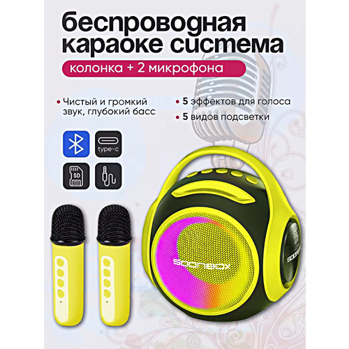Беспроводная Bluetooth колонка караоке с 2 микрофонами Портативная мини колонка S5100 с LED подсветкой Желтый 599000₽