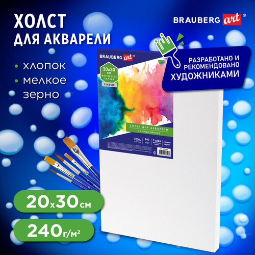 Холст на подрамнике акварельный BRAUBERG ART CLASSIC,20х30, 240г/м, 100% хлопок, мелкое зерно, 191667 упаковка 3 шт.