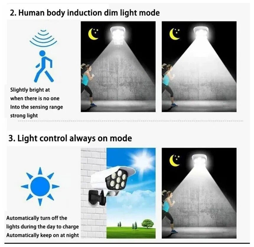 Прожектор уличный фонарь на солнечных батареях с датчиком движения и пультом 77 LED муляж видео камеры