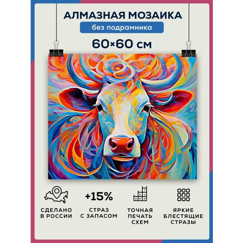 Алмазная мозаика 60x60 Разноцветная корова без подрамника