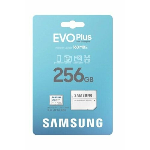 фото Карта памяти samsung microsdxc 256 гб class 10, v30, a2, uhs-i u3, r 160 мб/с, адаптер на sd, 1 шт, белый