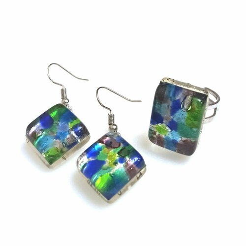 Комплект бижутерии arte di murano: кольцо, серьги, муранское стекло, бордовый, бирюзовый, синий, зеленый