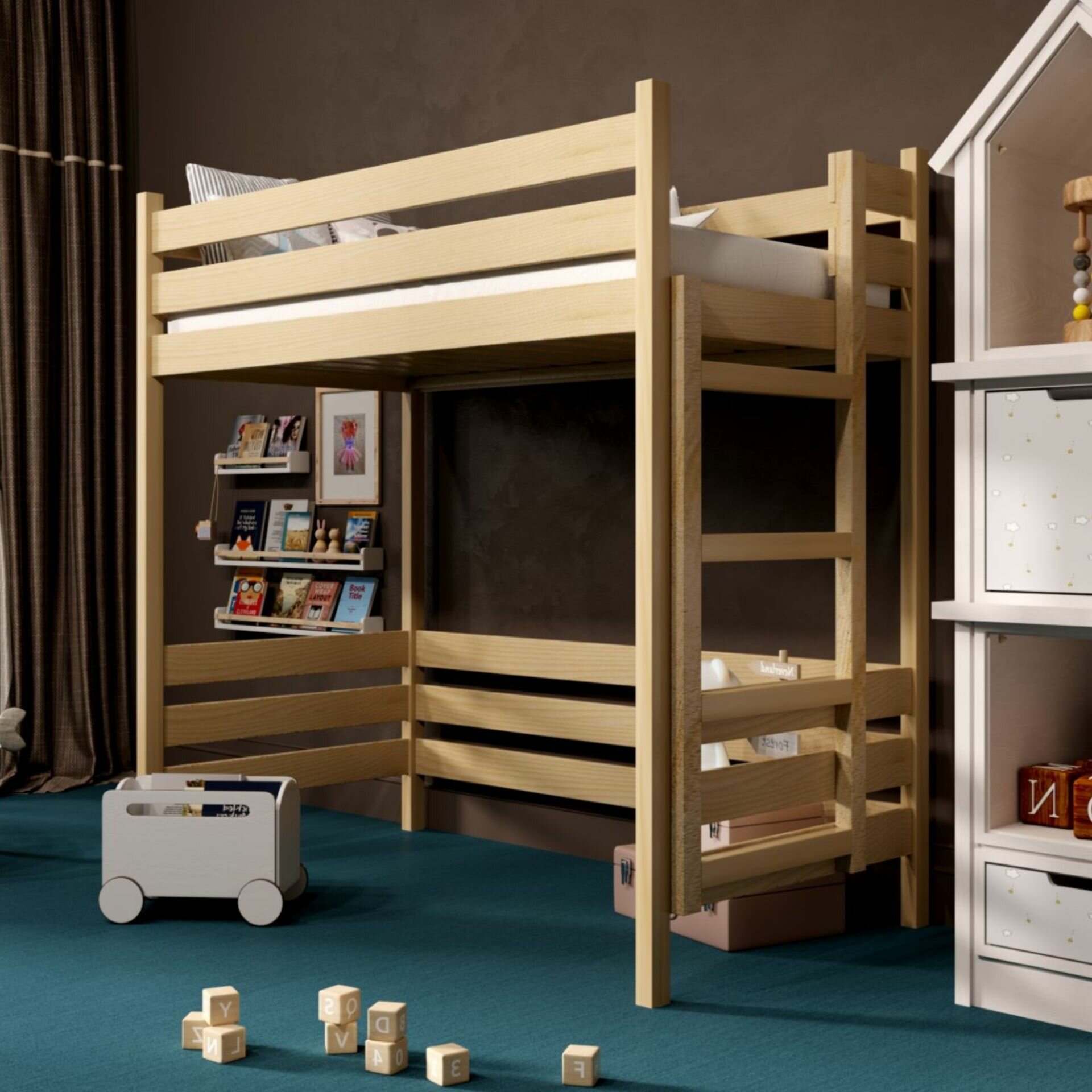 фото Кровать-чердак с домиком, детская подростковая, спальное место 200х80 см, массив дерева, ортопедическое основание, модель LOTUS