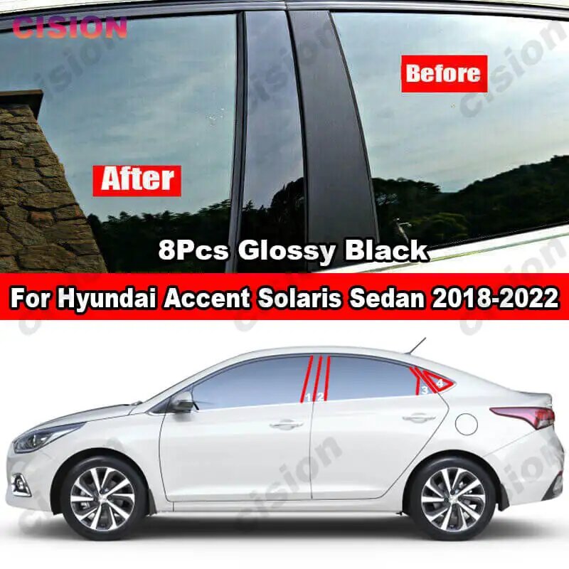 Зеркальный эффект для Hyundai Accent Solaris 2018-2022, оконная дверная колонна, столб, Обложка, отделка, глянцевая черная наклейка из углеродного волокна, Black