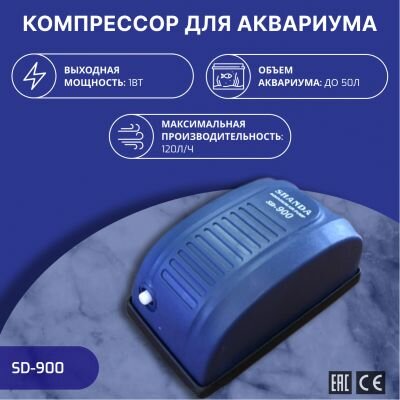 SHANDA SD-900 Аквариумный компрессор до 50л 120лч 1.2Вт, УТ000028921 (1 шт)