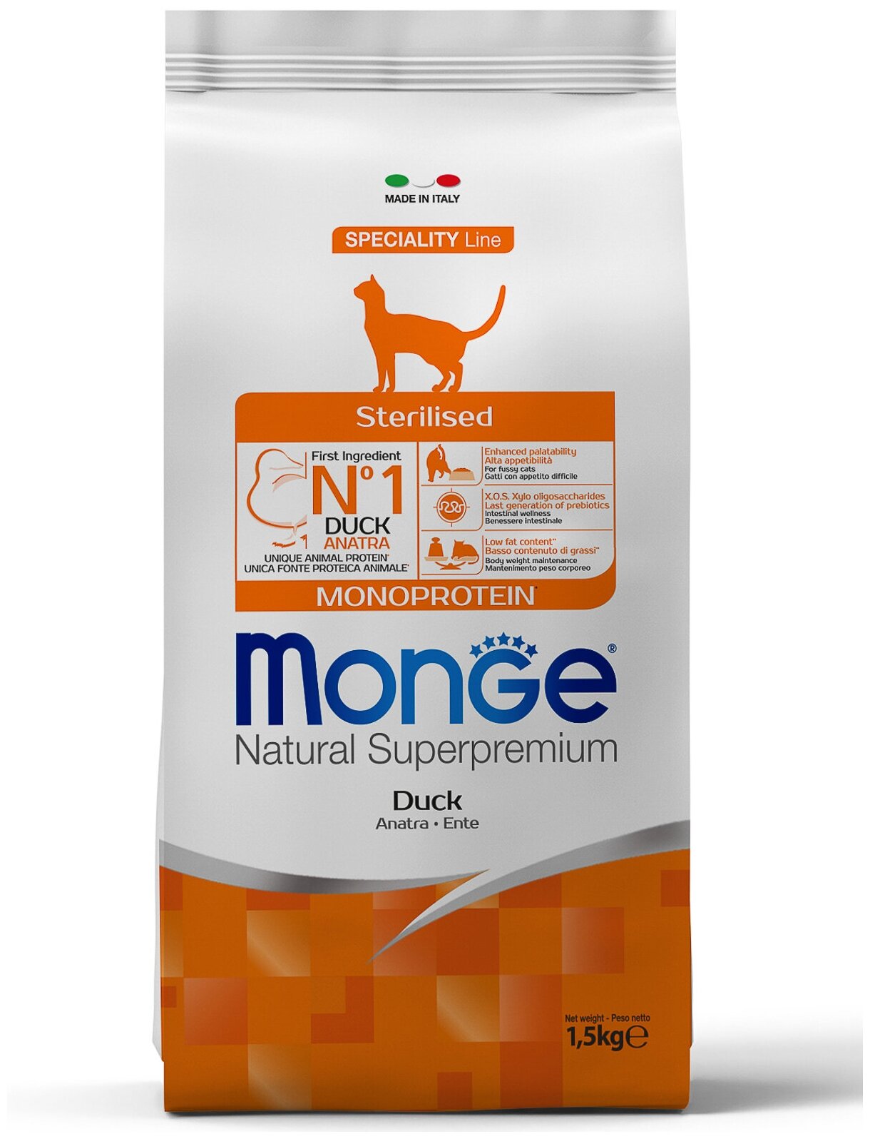 Сухой корм для стерилизованных кошек Monge Cat Monoprotein Sterilised Duck, с уткой, 1,5 кг