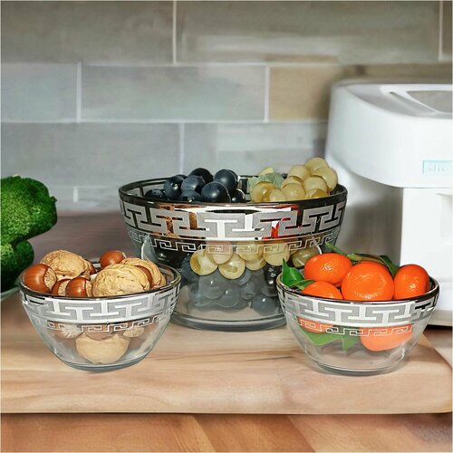 Подарочный набор стеклянных салатников с алмазной гравировкой PROMSIZ греческий узор / Посуда для сервировки и подачи / 7 шт. - 1500 мл, 1 шт.+ 250 мл 6 шт.