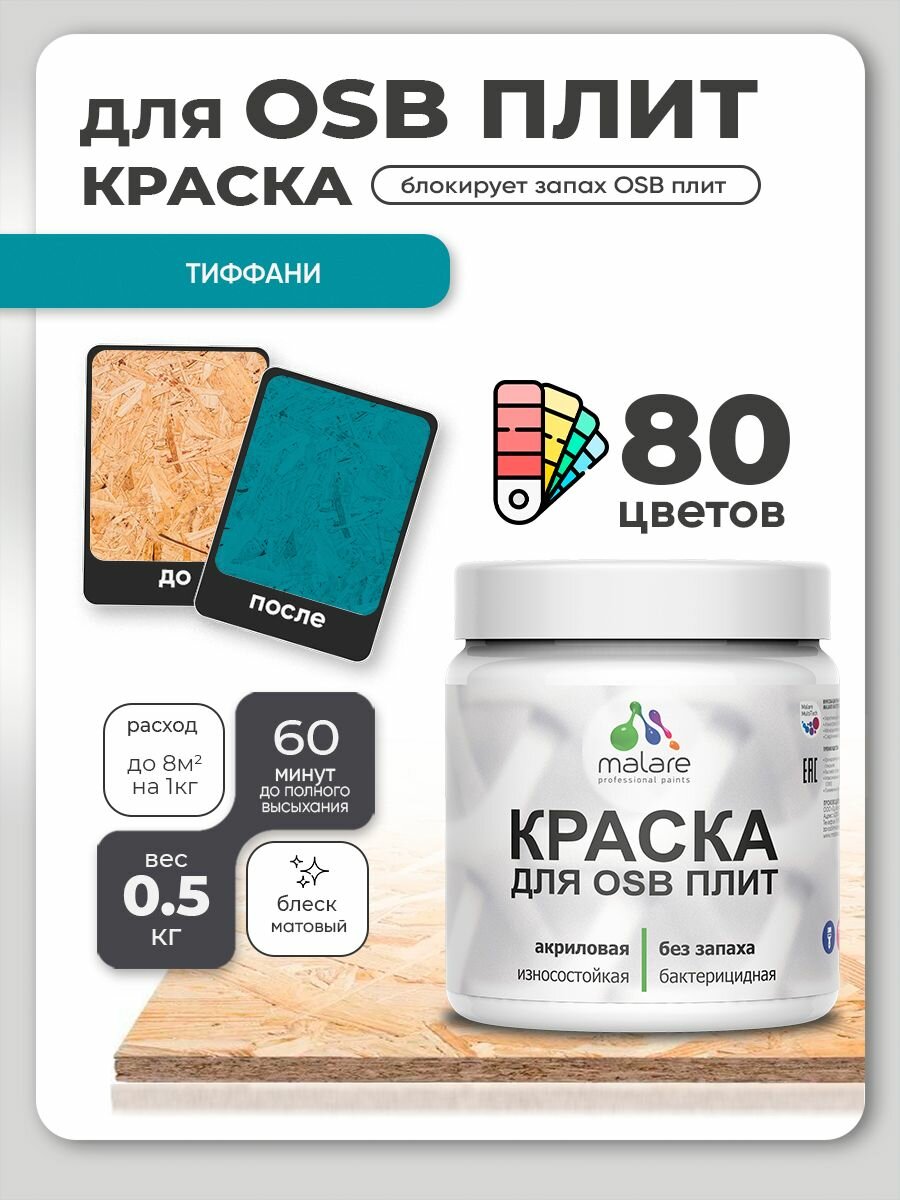 Акриловая краска для ОСБ плит Malare для дерева для наружных и внутренних работ, быстросохнущая без запаха матовая, тиффани, 0.5 кг
