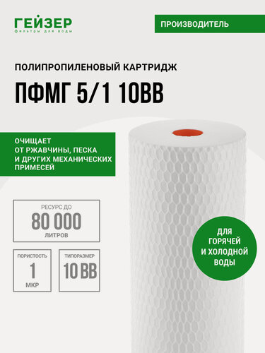 Изображение товара Картридж механический Гейзер ПФМ-Г 5/1 10BB, для очистки горячей и холодной воды от нерастворимых примесей, 28238