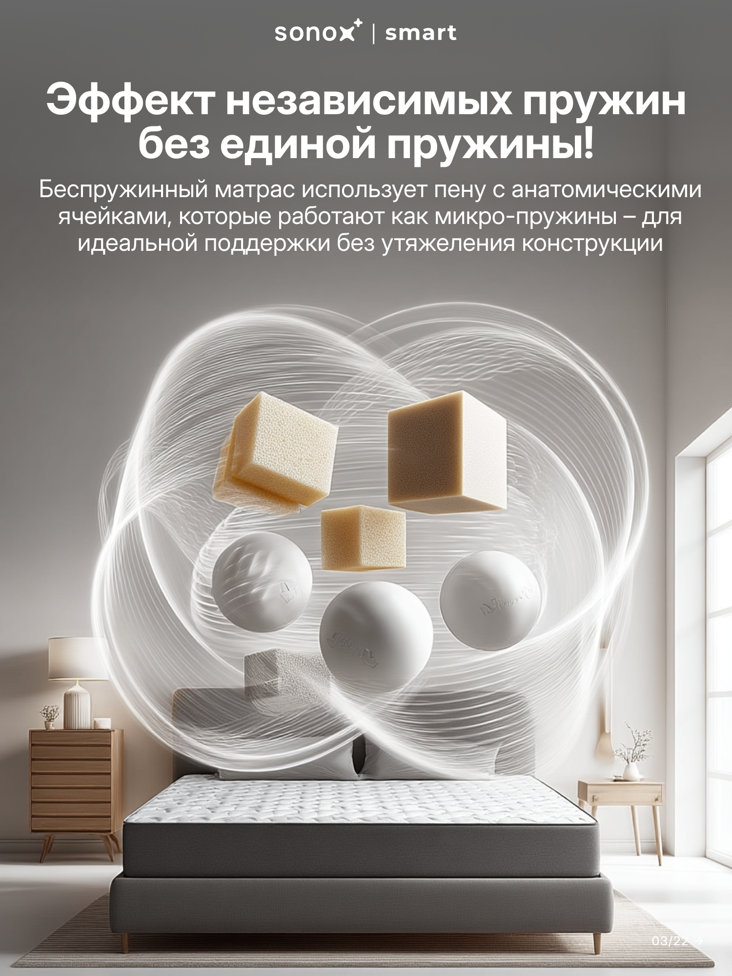 Матрас двусторонний SONOX со съёмным чехлом 90х190 см, беспружинный, анатомический, 7 зон жёсткости MP90190 — фото 1