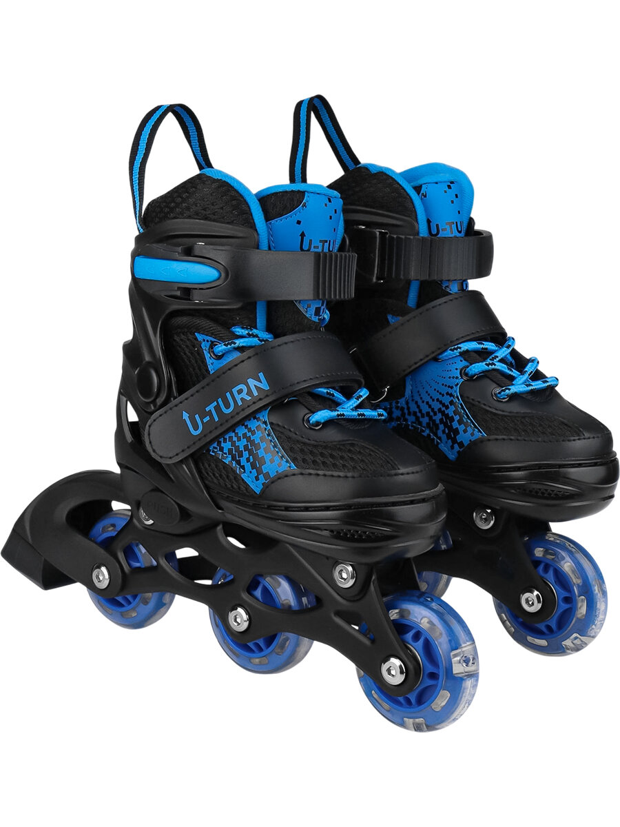 Роликовые коньки 2в1 с лезвием раздвижные (ролики коньки) сияние сине-чёрный (размер 33-36) арт. КР-0101