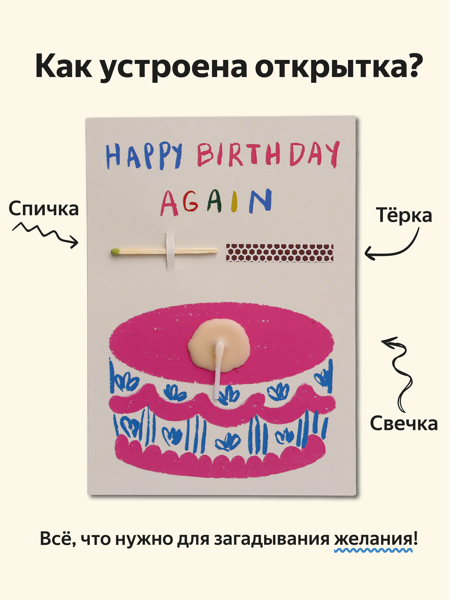 Открытка свечка "Happy birthday again"от Вьюнчик, с крафтовым конвертом, 14,8х10,5 см (А6), на день рождения — фото 1