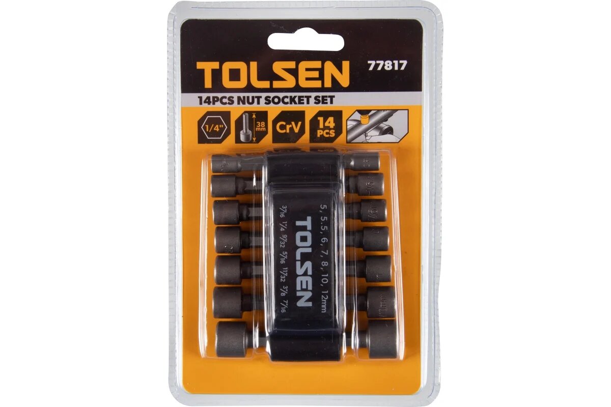TOLSEN Набор головок для шуруповерта шестигранных 1/4", 5-12 мм, 3/16"-7/16", 14 предметов 77817