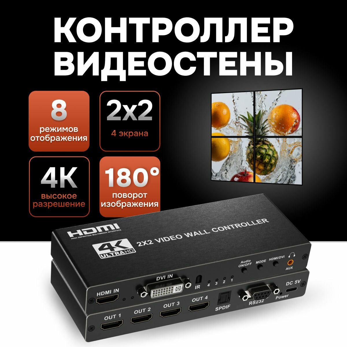 Контроллер видеостены на 4 экрана 2x2 HDMI 1.4 GSMIN VW04 с медиаплеером и аудио экстрактором 4k 30ГЦ / 1080p RS232 IR (Черный)