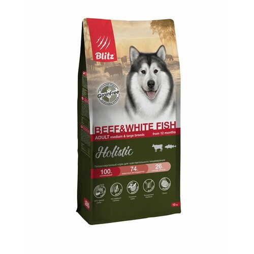 Сухой корм с говядиной и белой рыбой Blitz Holistic Beef & White Fish для взрослых собак средних и крупных пород 12 кг