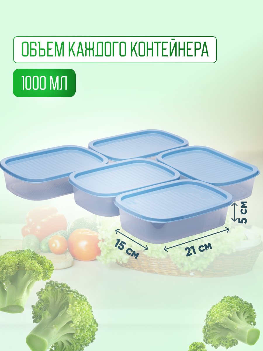 Контейнеры для еды и хранения продуктов с крышкой, пластиковые Sparkplast, прямоугольные, набор пищевой 5 шт по 1000 мл. — фото 1