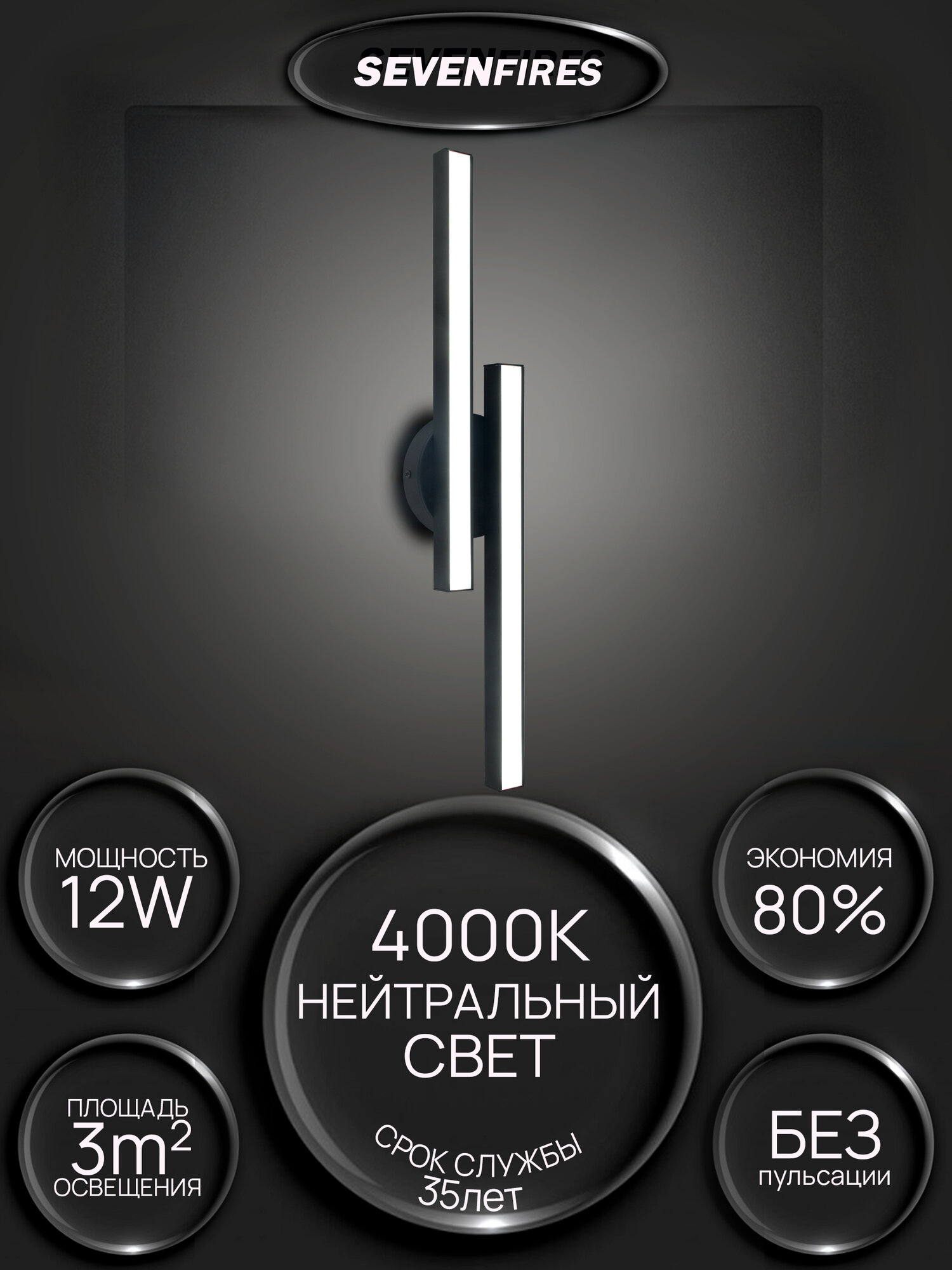 Светильник светодиодный 12 Вт SF8504/2C-BK нейтральный белый свет цвет черный Семь огней - фото №1