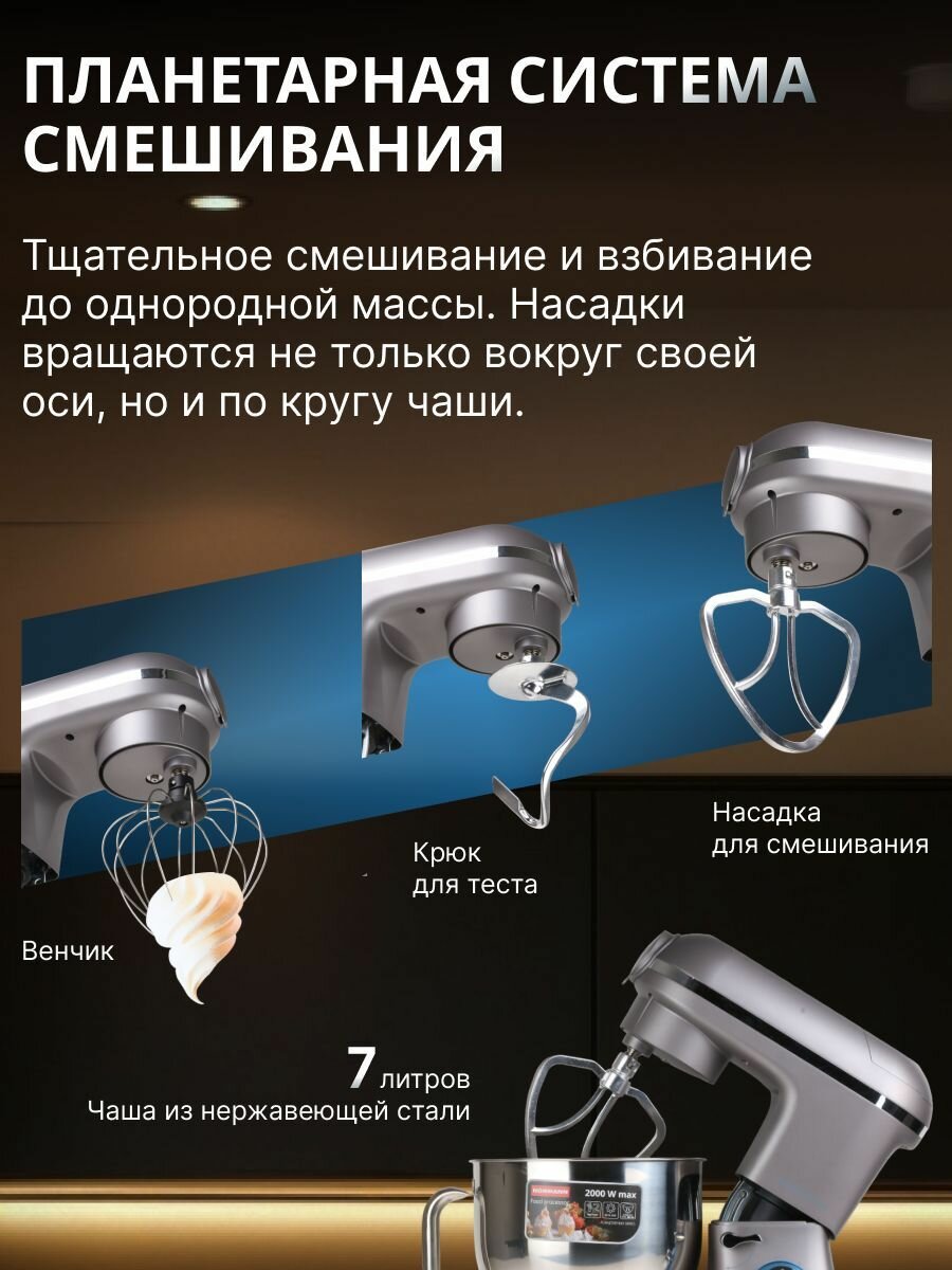 Картинки Кухонный комбайн NORMANN AFP-965 4 в 1, 2000 Вт, 12 функций, серый (N16017-3)