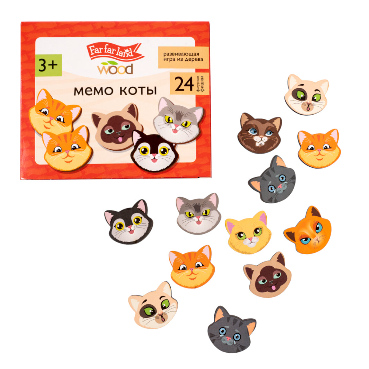 Настольная игра деревянная Десятое Королевство Мемо "Коты", на память, от 3 лет, 24 фишки в коробке — фото 1