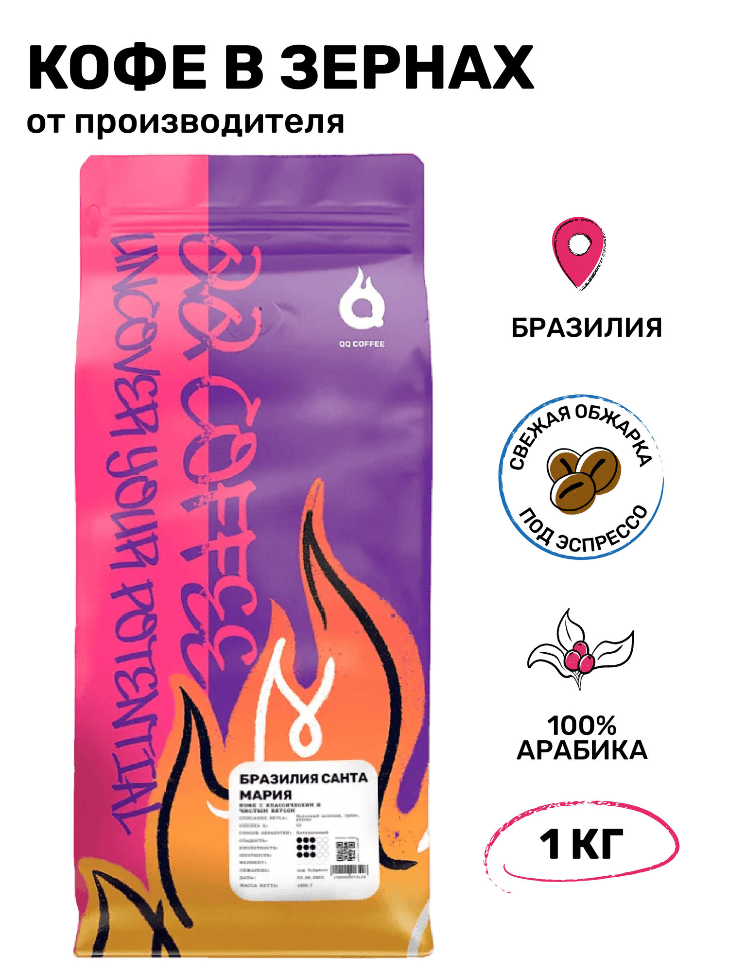 Спешелти кофе в зeрнах 1 кг арабика 100% Бразилия Санта Мария QQ COFFEE