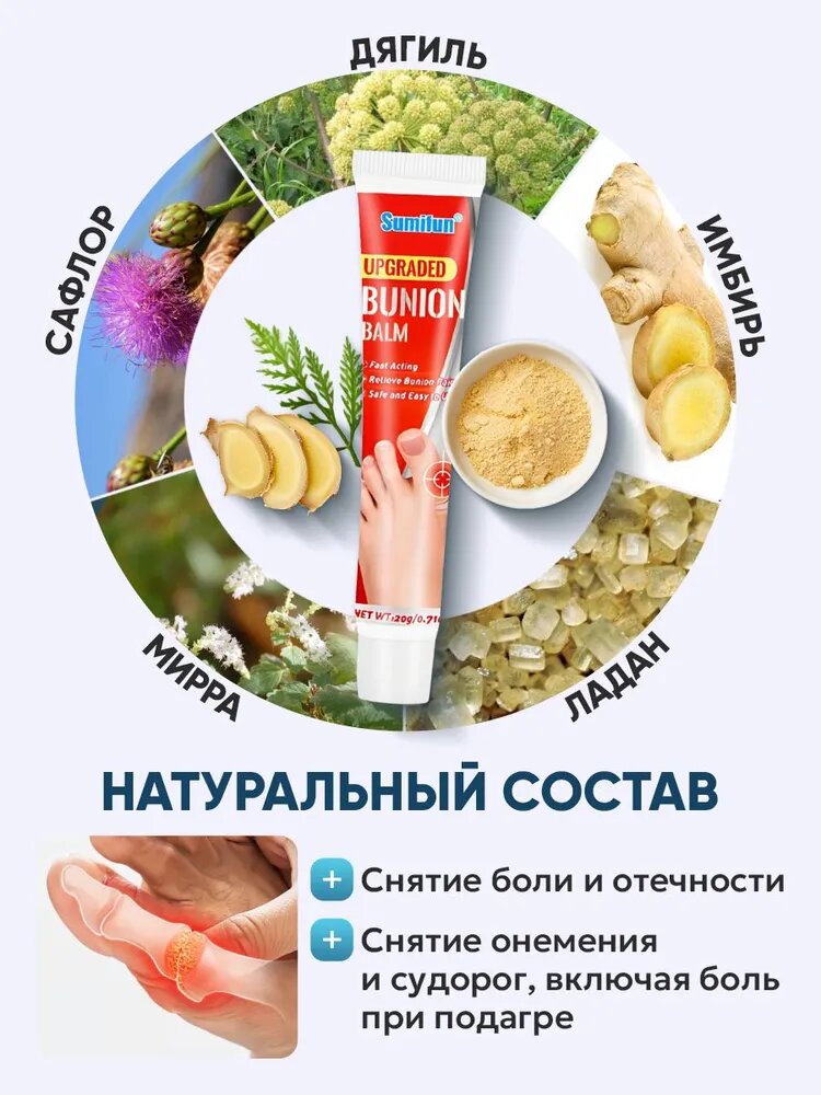 Картинки Бальзам, для облегчения боли суставов пальцев ног, мазь, от боли, при подагре и артрите, 20 г