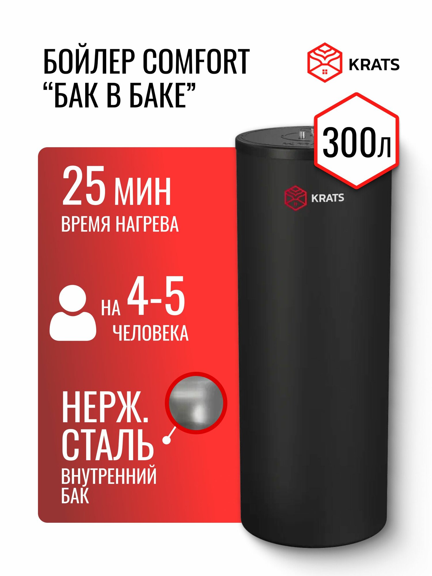 Бойлер косвенного нагрева напольный KRATS 300 Comfort (нержавеющая сталь, объем 210л, 1638л/час)