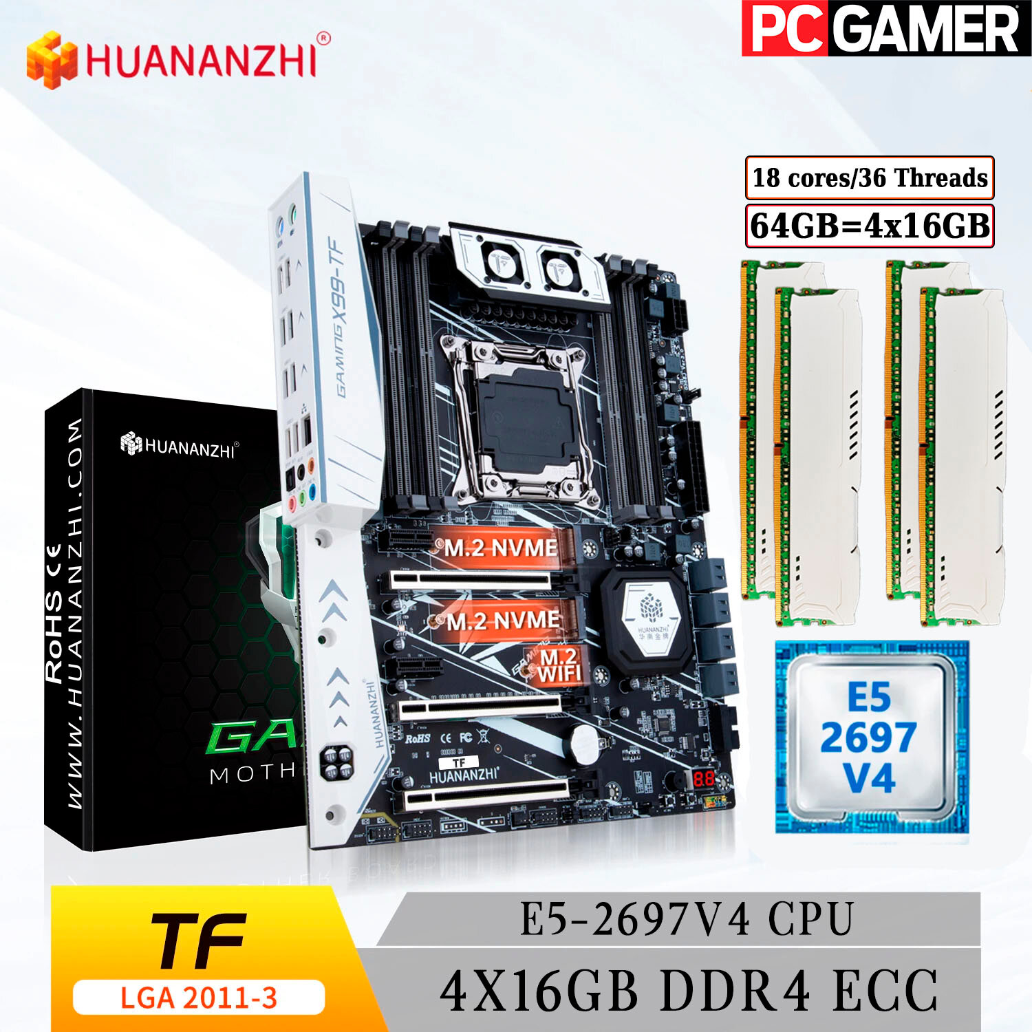 Комплект материнская плата Huananzhi X99-TF + Xeon 2697V4 + 64GB DDR4 ECC 4x16GB White
