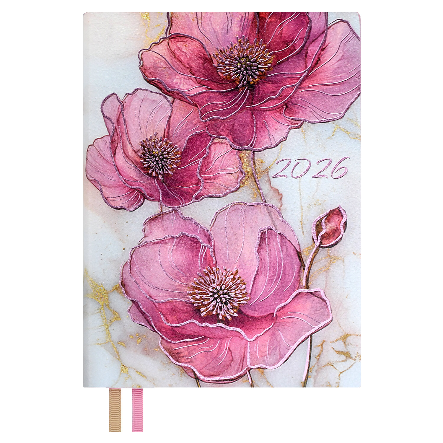 Ежедневник датированный 2026 Escalada розовые маки А6+, 176 листов, мягкий переплет