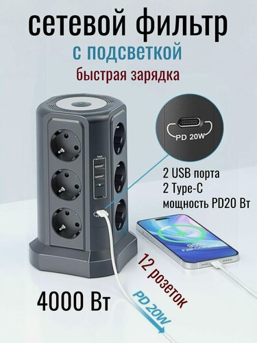 Изображение товара Сетевой фильтр с предохранителем с подсветкой 12 розеток, 2 USB 3.4A, 2 TYPE-C PD 20W быстрой зарядкой, 16A/ 4000Вт