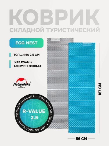 Изображение товара Коврик туристический Naturehike Egg Nest, 2.5 см, R-value 2.5, 187*57 см, EVA, алюминиевый, складной, синий