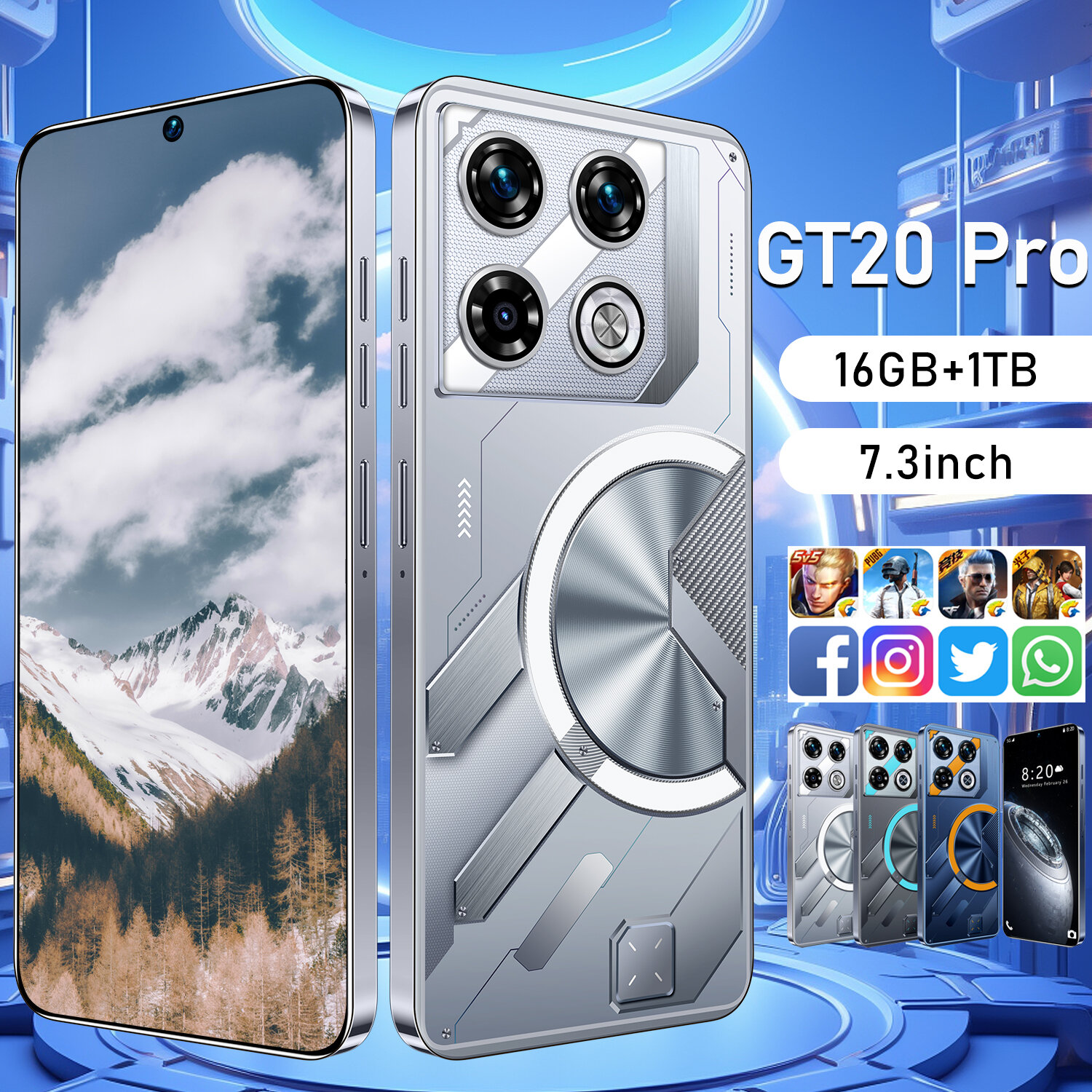 GT20 Pro, смартфон, русское меню, сеть 5G, память 16 ГБ+1 ТБ, перфорированный экран, серебристый — фото 1
