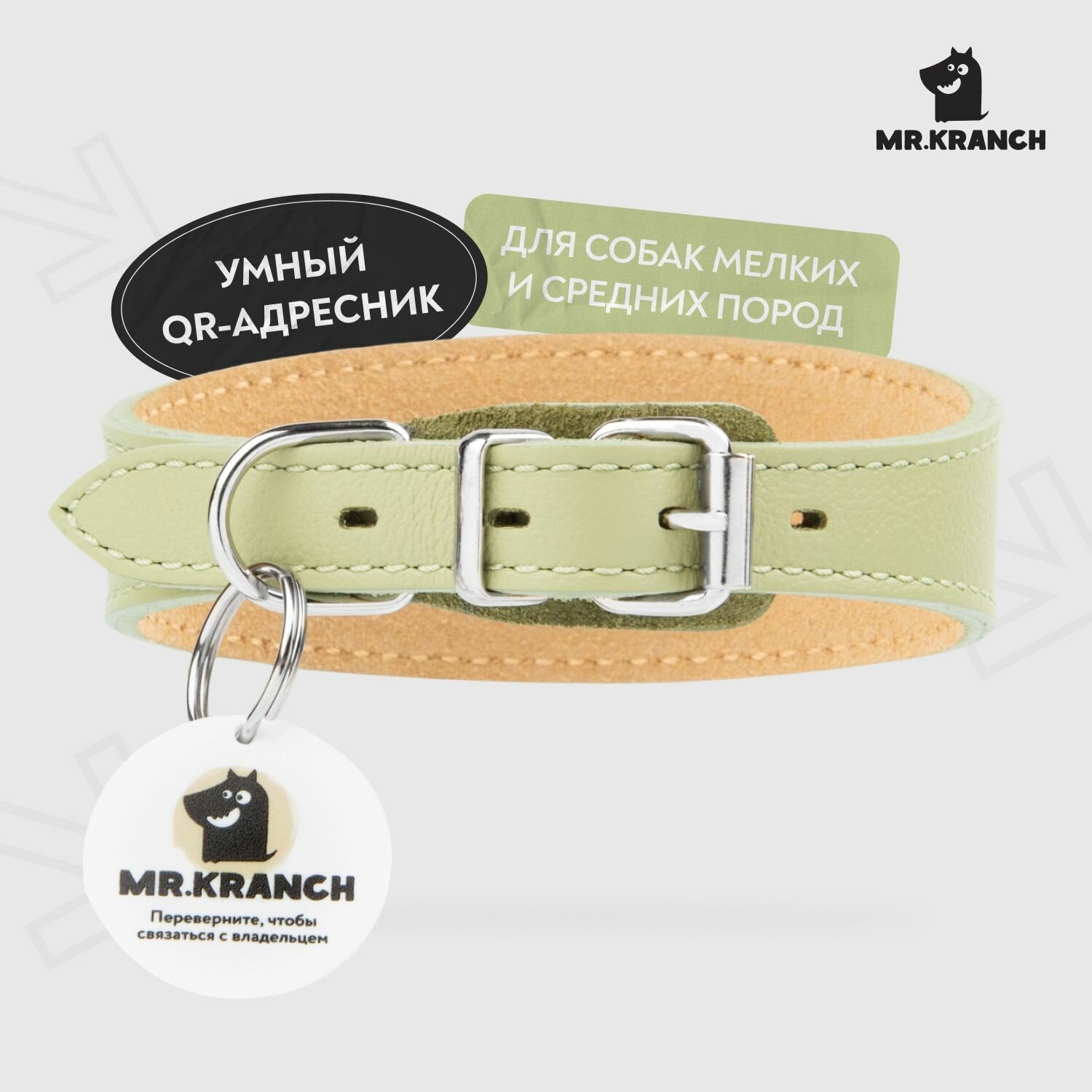 Ошейник-селедка Mr. Kranch для собак с QR-адресником, 21-25см, нежно-зеленый