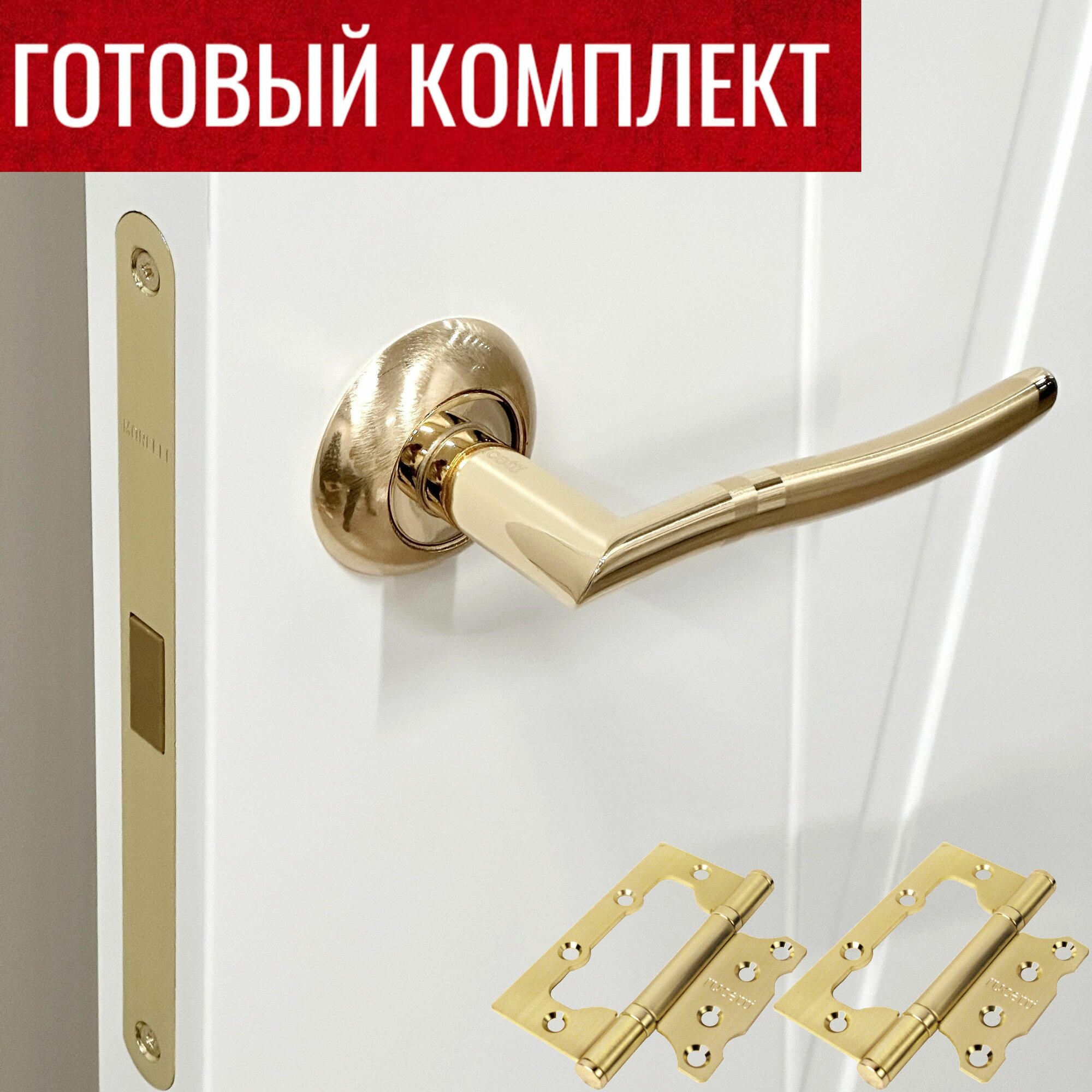 Ручка дверная Rucetti (Ручетти) RAP 3 SG/GP + Магнитная защелка Morelli (Морелли) M1895 PG + Дверные пели без врезки RFH-100*75*2,5 SG - 2 шт.