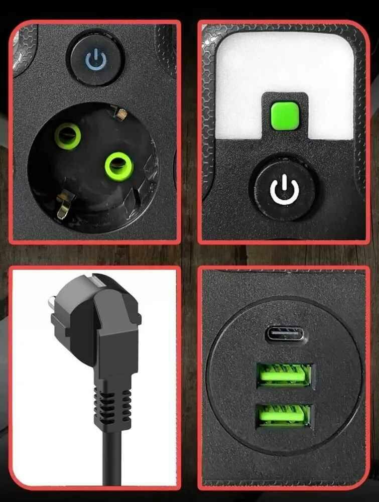 Тройник в розетку 4 гнезда , сетевой фильтр с USB, Type-C — фото 1