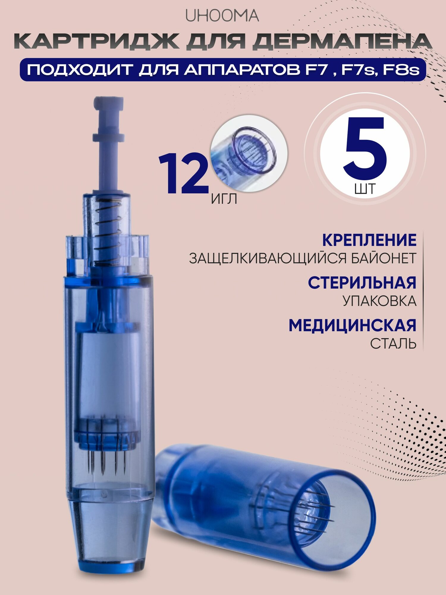 UHOOMA Картридж long 12 needle cartridge(синий) для дермапен мезопен / 12 игл / синий длинный UNK2-5 шт