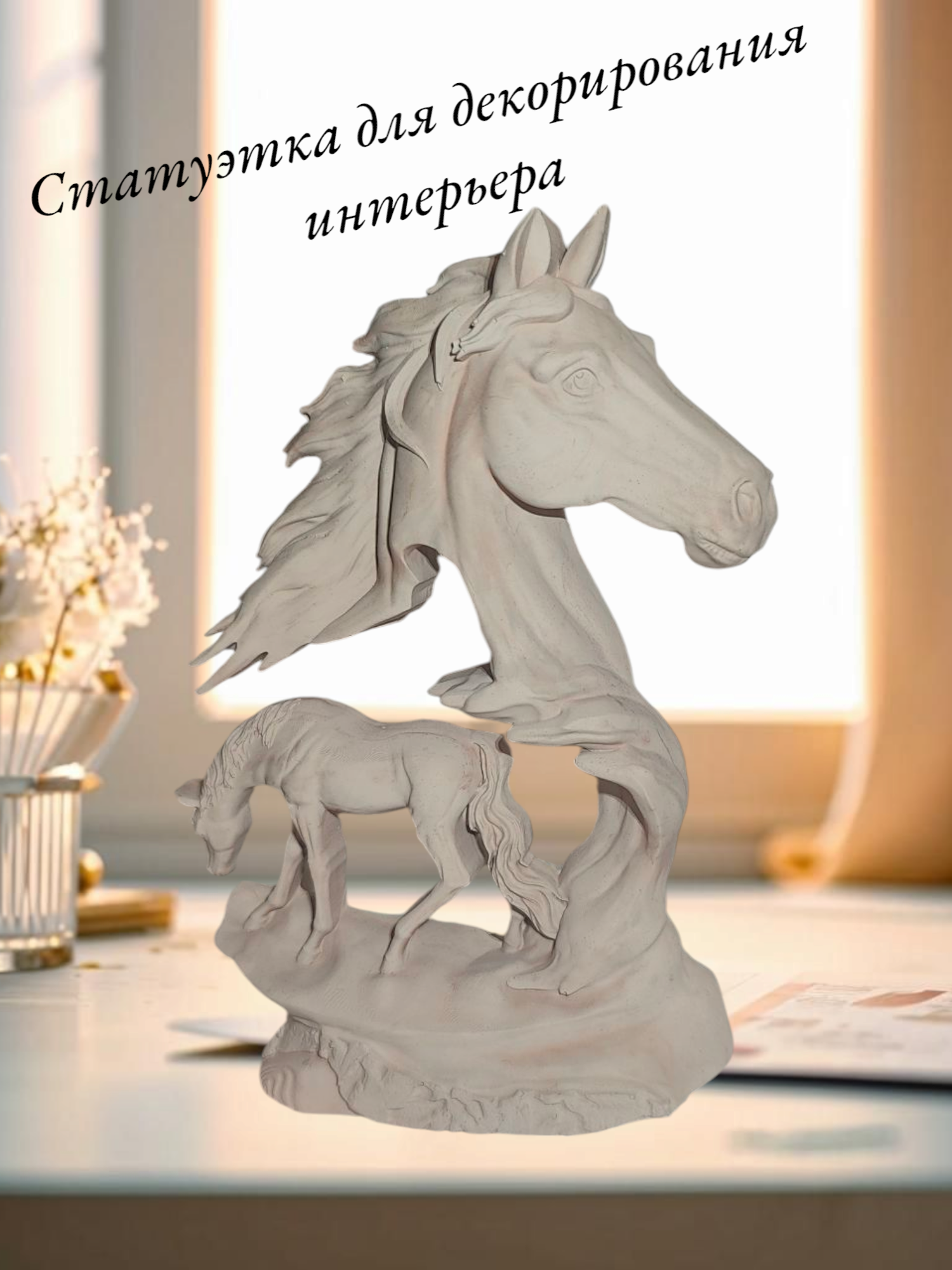 Статуэтка гипсовая "Свободные лошади", 12x8x3 см, бежевая, декор для дома