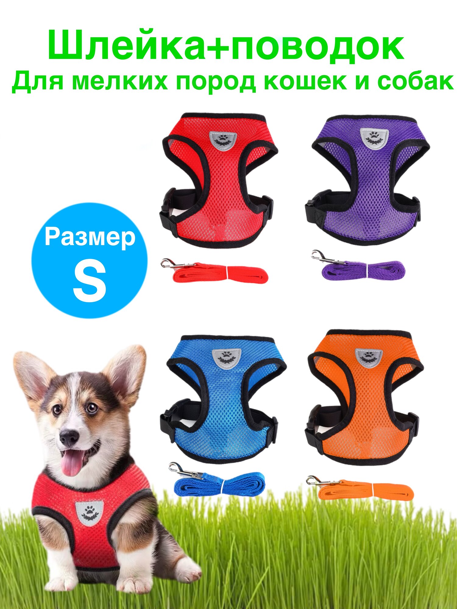 Шлейка + Поводок, для собак и кошек мелких пород, размер S, с неоновыми вставками, текстильная сетка /фиолетовый