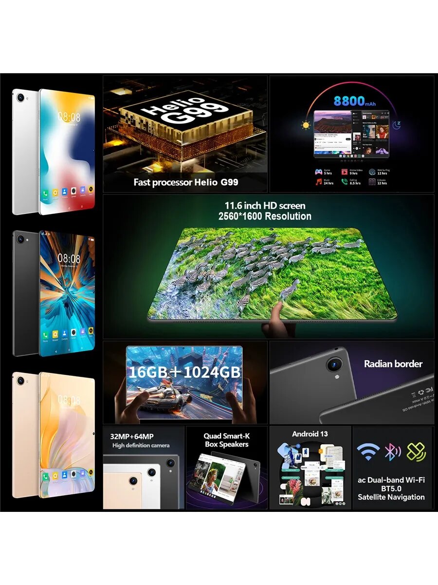 11.6"Игровой планшет Tab A9, Android 13, 1024ГБ+16ГБ, камера 13+8Мп, WiFi, Две Sim-карты, SD-карта, стилус — фото 1