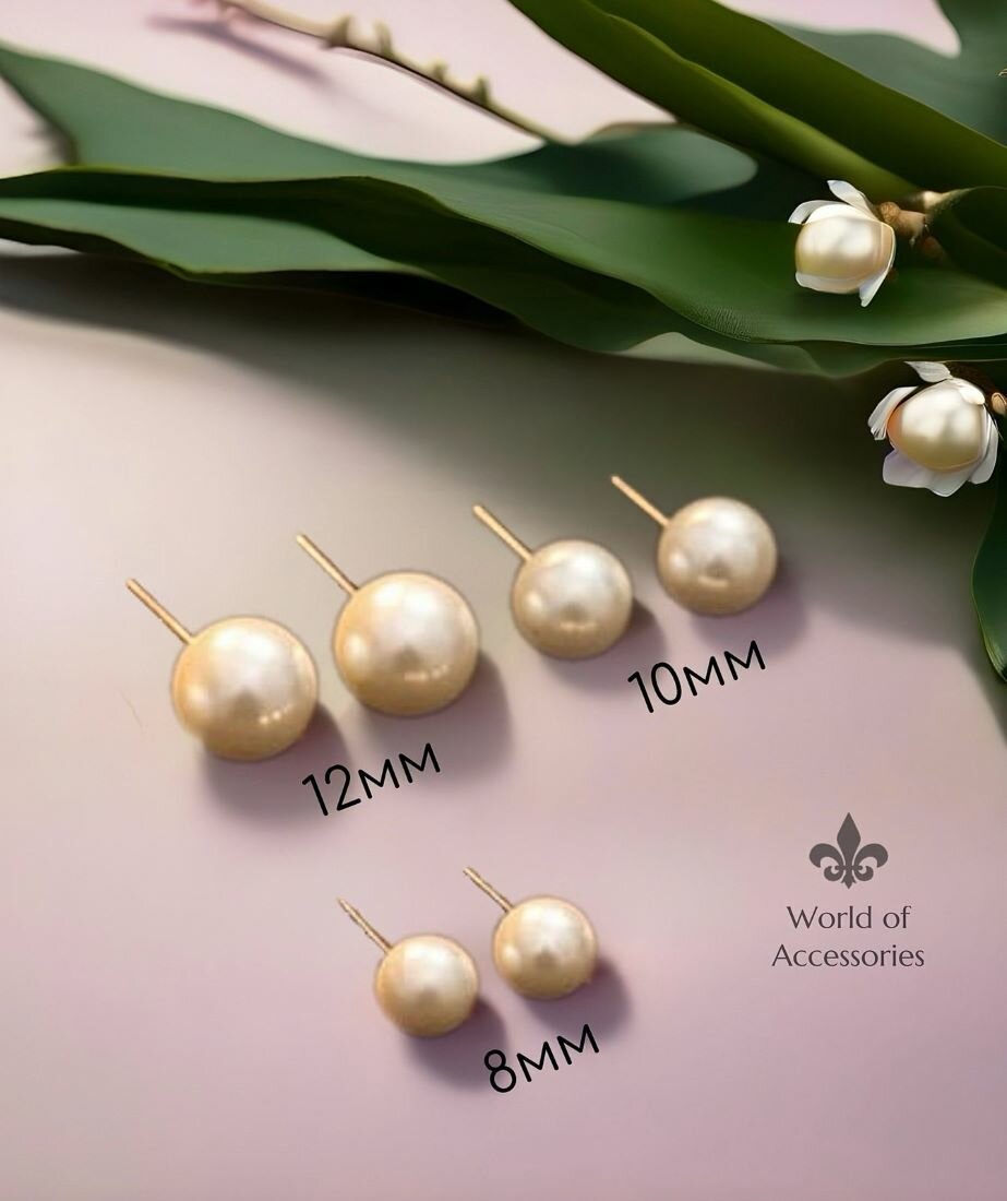 Серьги пусеты World of Accessories, жемчуг имитация, размер 12 мм, перламутровый — фото 1