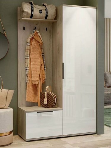 Изображение товара Прихожая комплект Элвин с вешалкой, со шкафом, с обувницей, 118х43.3х204.2 см, Дуб Крафт / Белый глянец