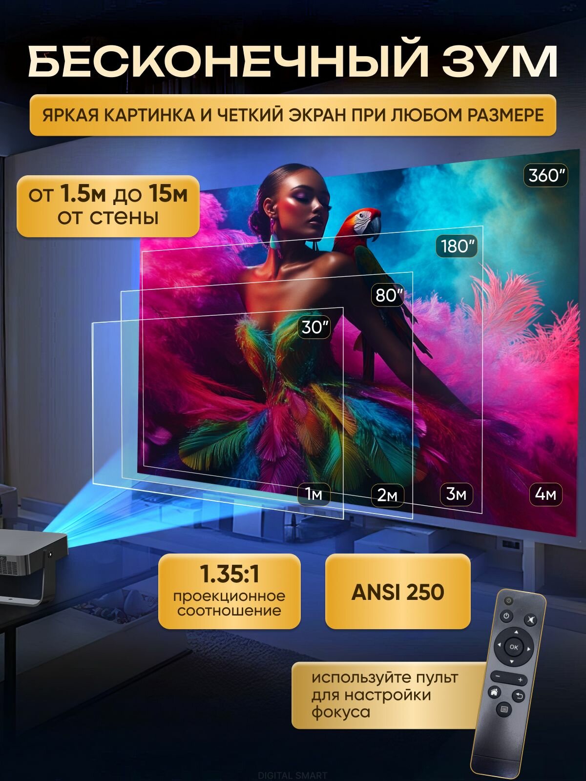 Изображение Умный проектор для фильмов и игр 4K Android TV, Wi-Fi, Bluetooth, с автофокусом и встроенными динамиками